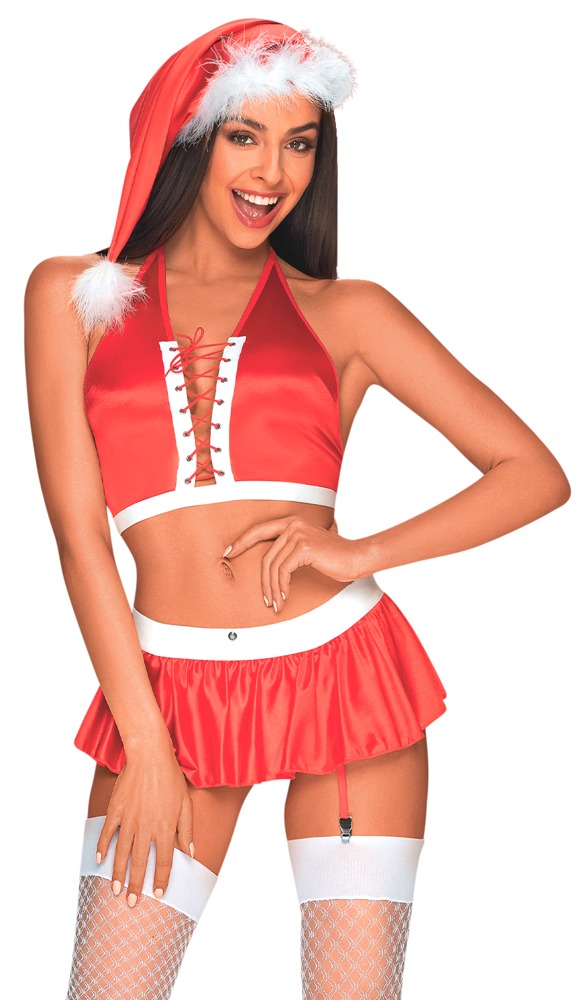 3-teiliges Set „X-Mas“ aus rotem Satin mit weißen Details Dessous online kaufen