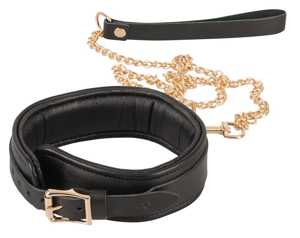 Halsfessel plus Leine aus Leder mit Gold-Details Fetisch online kaufen