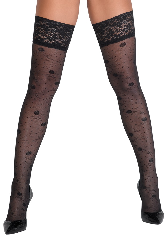 Halterlose Strümpfe mit zartem Rosenmuster, Oeko-Tex zertifiziert. Dessous online kaufen