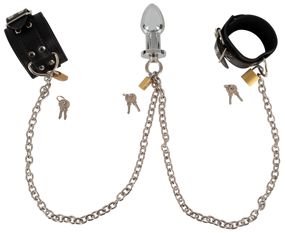 Handfesseln plus Analplug, verbunden durch Kette und 3 Schlösser Sex-Spielzeuge online kaufen
